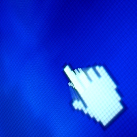 finger corsor on blue pixel screenの写真素材