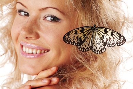 woman and butterfly on whiteの写真素材
