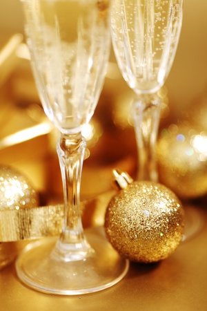 golden christmas background champagne gifts ballの写真素材