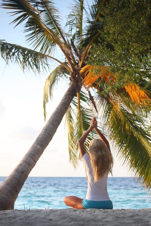 yoga woman on sea coast under palmの写真素材