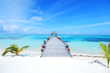 resort maldivian houses in blue seaの写真素材