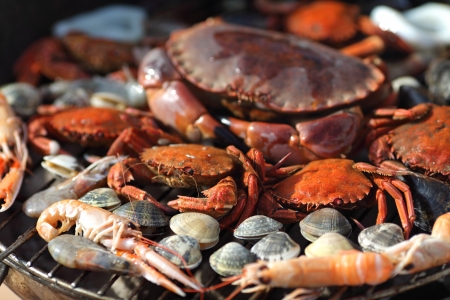 crabs shrimps on charcoal grillの写真素材