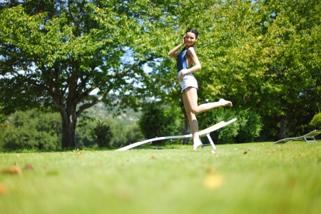 woman in green parkの写真素材