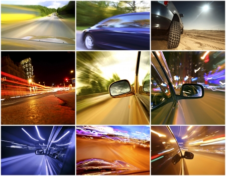 Collage of cars driving fast on different roadsの写真素材