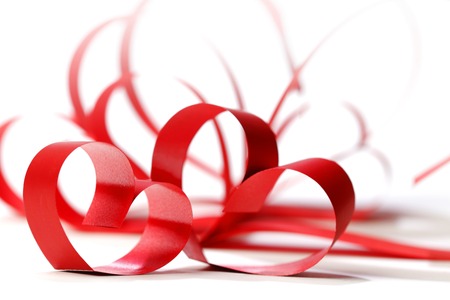 Valentines day card with paper and ribbon hearts on whiteの写真素材
