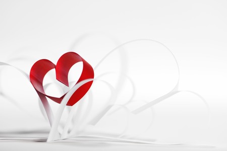 Valentines day card with paper and ribbon hearts on white