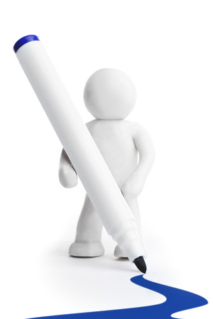 Plasticine man with felt-tip pen isolated on white backgroundの写真素材