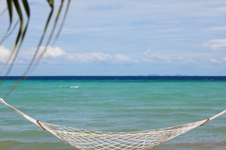 Hammock between two palm trees on blue sea bsckgroundの写真素材