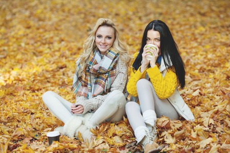 Two cheerful female friends drinking coffee in autumn parkの写真素材