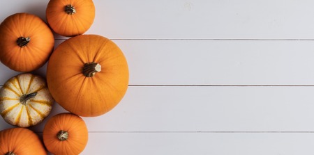 Many orange pumpkins on white wooden background with copy space, autumn harvest, Halloween or Thanksgiving conceptの写真素材