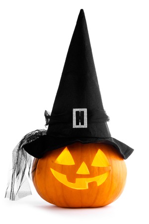 Jack O Lantern Halloween pumpkin with witches hat isolated on white backgroundの写真素材