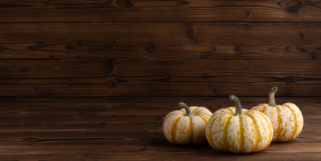 Three striped yellow pumpkins on dark wooden background , Halloween conceptの写真素材