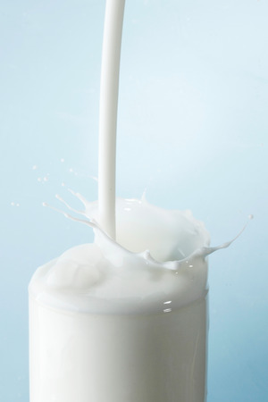 Splash of milk in glass on blue backgroundの写真素材