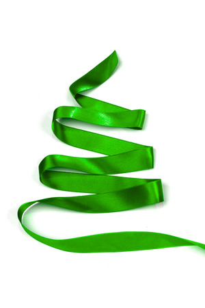 Stylized green ribbon Christmas tree isolated on white backgroundの写真素材