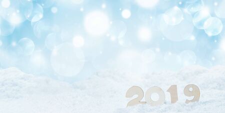 2020 New Year in snow design concept. Wooden 2020 New Year horizontal template with blue and white...