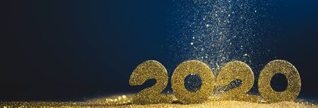 2020 New Year luxury glitter design concept numbers in golden glitters on blue background