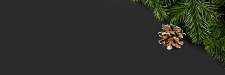 Christmas border arranged with fresh fir branches and pine cone on black paper background , copy...