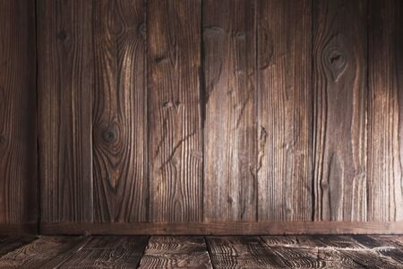 Dark wood panels corner background with copy space for textの写真素材