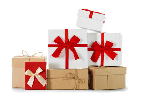 Gift boxes on white background Christmas New Year Advent birthday celebration