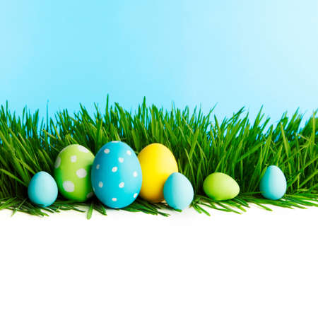 Row of Easter Eggs in fresh green grass over blue sky background