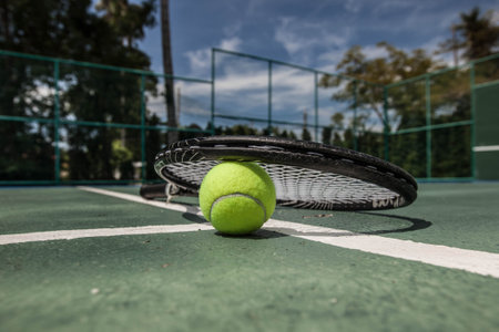Tennis ball and racket on the dross cort. Lifestyle or hobby, sport or entertaimentの写真素材