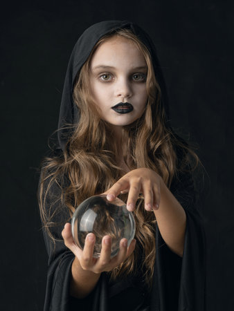 Little girl in Halloween witch costume and dark make-up holding crystal ball isolated on white backgroundの写真素材