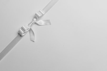 Elegant satin white ribbon bow on gray backgroundの写真素材