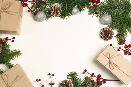 Christmas tree branch with snow , pine cones, red berries and gift boxes on white background with copy spaceの写真素材