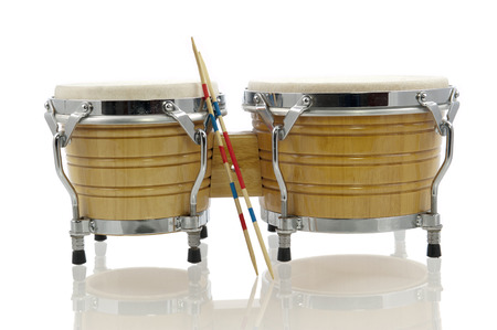Modern light brown bongo set with drum sticks isolated in whiteの写真素材