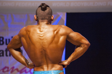MAASTRICHT, THE NETHERLANDS - OCTOBER 25, 2015: Male bodybuilder flexes his muscles and shows his best physique in a lats spread pose on stage at the World Grandprix Bodybuilding and Fitness of the WBBF-WFF on October 25, 2015 at the MECC Theatre in Maastのeditorial素材