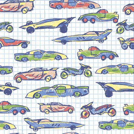 Abstract seamless pattern with hand drawn cute car. School collection. Cartoon cars vector illustration. Notebook paper pattern. Perfect for kids fabric,textile,nursery wallpaperのイラスト素材