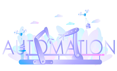 Robotic hands and conveyor belt, controlled by engineer. Factory automation, Industry 4.0. Physical systems. Flat vector concept Infographicのイラスト素材