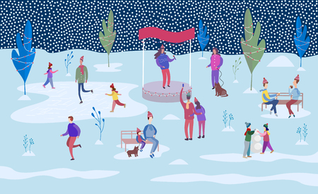 Christmas holiday outdoor. People ice skating on the rink and walking between decorated trees. Sit on park benches and walk with the dog. Colorful vector illustration.のイラスト素材