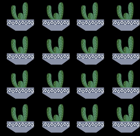 Exotic seamless pattern tropical houseplant in a flower pot on black background. Flat vector illustration.のイラスト素材