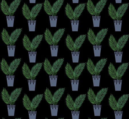 Exotic seamless pattern tropical houseplant in a flower pot on black background. Flat vector illustration.のイラスト素材