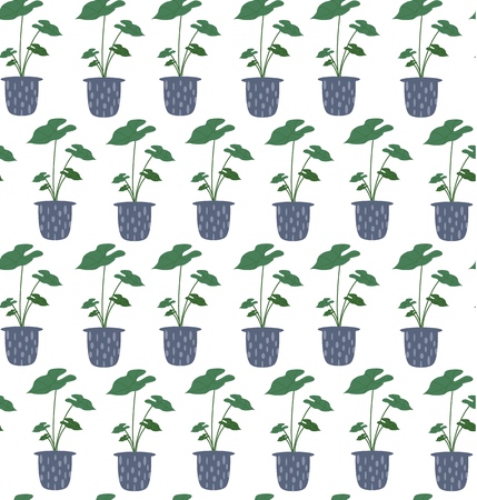 Exotic seamless pattern tropical houseplant in a flower pot. Flat colorful vector illustration.のイラスト素材