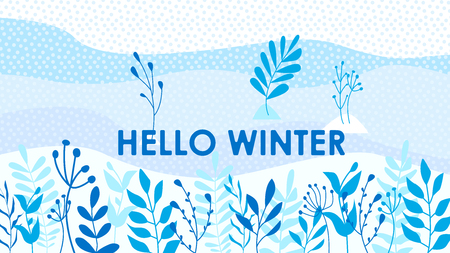 Hello Winter leaves background template vector illustration. Winter flat designのイラスト素材