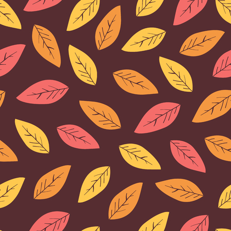 Seamless abstract autumn ackground with leaves. Vector background with red, orange and yellow falling autumn leaves.のイラスト素材