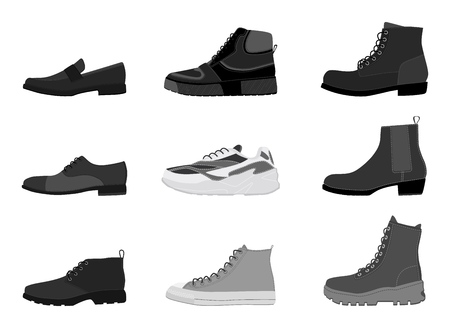 Collection mens footwear isolated on white background. Set of men boots. Vector illustrationのイラスト素材