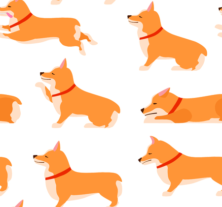 Set of poses and emotions dog seamless pattern. Welsh Corgi Set. Teach dog. Stay, Wait, Sit. Flat vector illustration.のイラスト素材