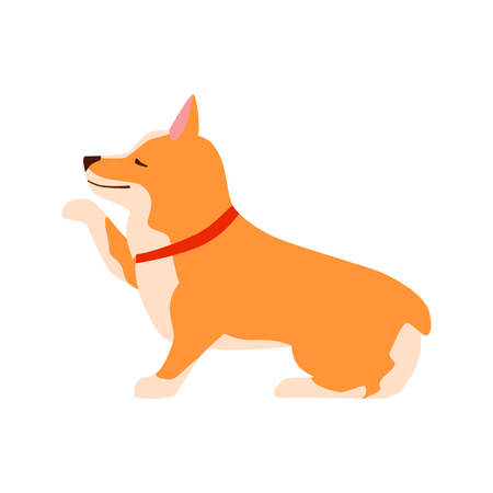 Happy cute dog. Welsh Corgi. Puppy sits and gives paw. Flat vector illustration.のイラスト素材