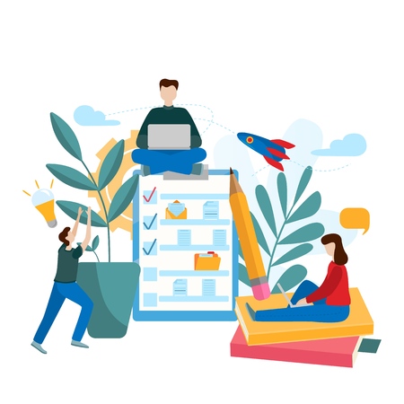 Teamwork project. Tiny people search for new solutions, creative work. Concept for web page, presentation, banner, social media, cards and posters. Modern flat vector illustrationのイラスト素材