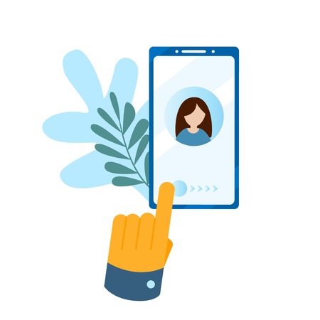 Big hand presses the button on the smartphone screen. Concept of the call, address book, note book. Contact us icon. Modern flat vector illustration concept, isolated on white background.のイラスト素材