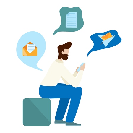 Concept man use smartphone. Send e-mail. Bearded man sitting and holding mobile phone. Flat vector concept illustration isolated on white backgroundのイラスト素材