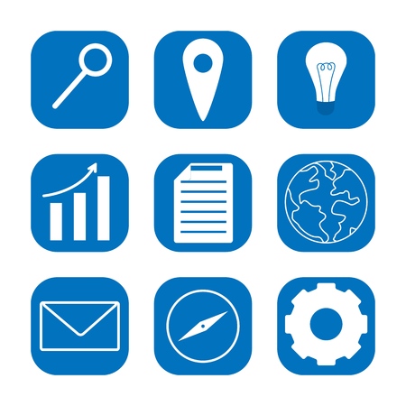 Set of blue color web pictogram. E-mail, Arrow move up, Magnifying glass, Document, Compass, E-mail, Light bulb, Gear, Map pointer icons. Flat style vector illustration isolated on white backgroundのイラスト素材