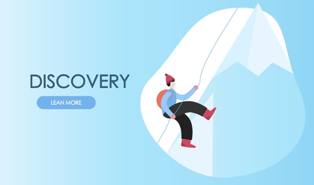 Concept traveling man. Climbing on mountain. Trekking, Hiking, Mountaineering, extreme sports, outdoor recreation, adventure in the mountains, vacation. Flat vector illustrationのイラスト素材