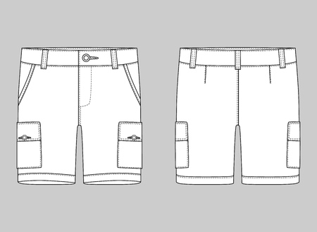 Technical sketch cargo shorts pants design template. Cargo Pants. Fashion vector illustration on grey backgroundのイラスト素材