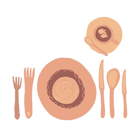 Diner object set isolated on light backdrop. Fork, knife, Spoon, dish, cup. Freehand hand drawn tableware isolated on white backgroundのイラスト素材