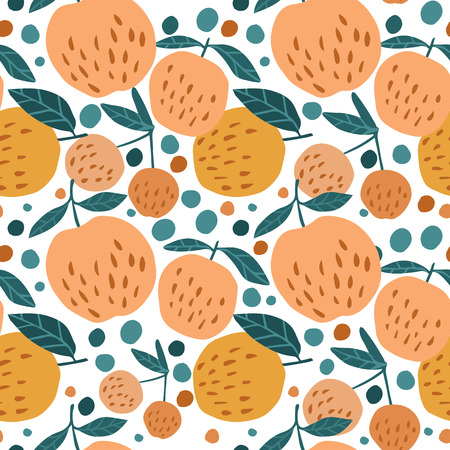 Juicy seamless pattern with apples and leaves on white background.
