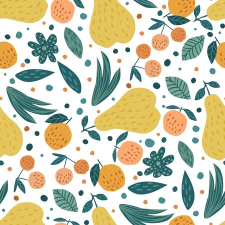 Fruits seamless pattern. Cherry berries, apples, pears and leaves